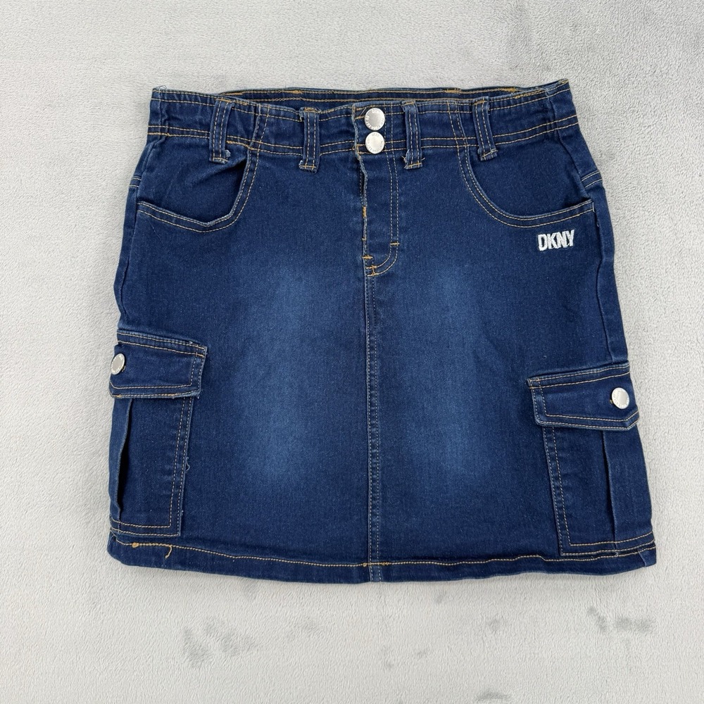 DKNY Mini Skirt Girls Size 14 Blue Denim Cargo Pockets Button Closure Summer